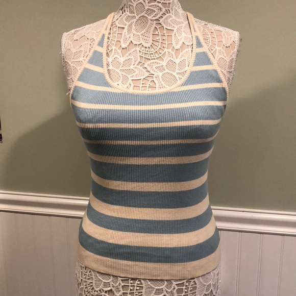 VINCE Cotton Racerback Tank Striped Ribbed Knit Sweater Baby Blue/Cream Stripes - Picture 1 of 8
